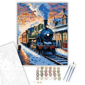 Téli Vasútállomás Naplementében - számfestő készlet - Számfestő.hu - 40×50cm - keret nélkül