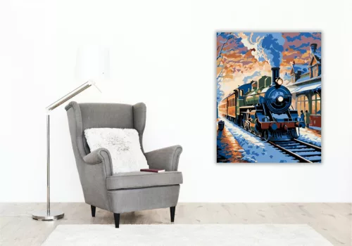 Téli Vasútállomás Naplementében - számfestő készlet - Számfestő.hu - 40×50cm - keret nélkül