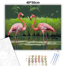 Flamingó Pár a Zöldellő Mocsárban - számfestő készlet - Számfestő.hu - 40×50cm - Keret nélkül