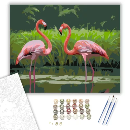 Flamingó Pár a Zöldellő Mocsárban - számfestő készlet - Számfestő.hu - 60×70cm - keret nélkül