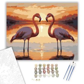 Szív Alakot Formáló Flamingók Naplementében - számfestő készlet - Számfestő.hu - 40×50cm - keret nélkül
