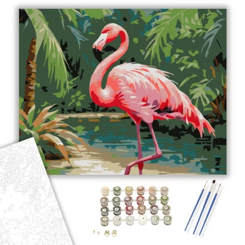 Játékos Flamingó a Trópusi Környezetben - számfestő készlet - Számfestő.hu - 40×50cm - keret nélkül