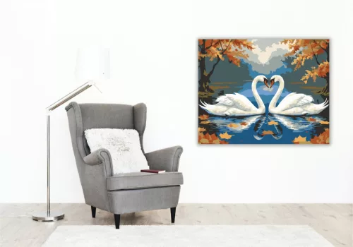 Hattyúpár Őszi Tóban - számfestő készlet - Számfestő.hu - 40×50cm - keretre feszítve
