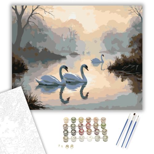 Hattyúk a Ködös Hajnalban - számfestő készlet - Számfestő.hu - 80×100cm - keretre feszítve