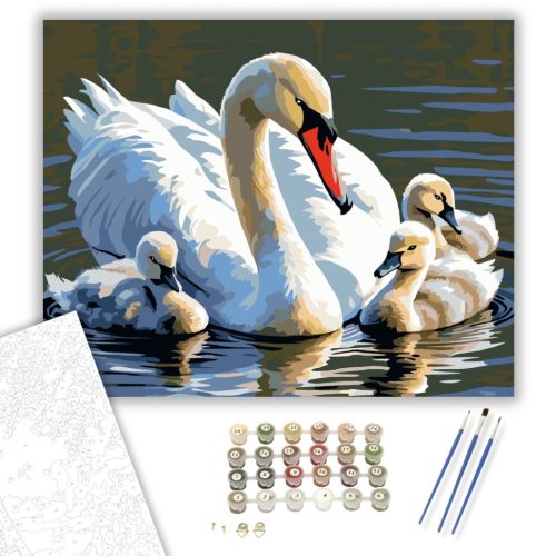 Hattyú Anyuka Fiókáival a Tavon - számfestő készlet - Számfestő.hu - 40×50cm - keret nélkül