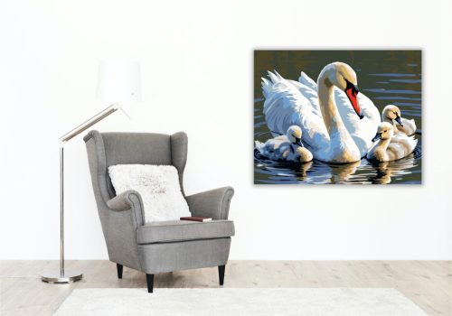 Hattyú Anyuka Fiókáival a Tavon - számfestő készlet - Számfestő.hu - 60×70cm - keretre feszítve