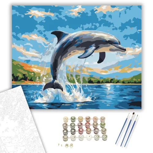 Ugró Delfin a Napfényben - számfestő készlet - Számfestő.hu - 80×100cm - keretre feszítve