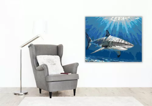 Nagy Fehér Cápa a Vízfelszín Alatt - számfestő készlet - Számfestő.hu - 40×50cm - keret nélkül