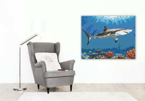 Fehér Cápa a Korallzátony Felett - számfestő készlet - Számfestő.hu - 50×60cm - keret nélkül