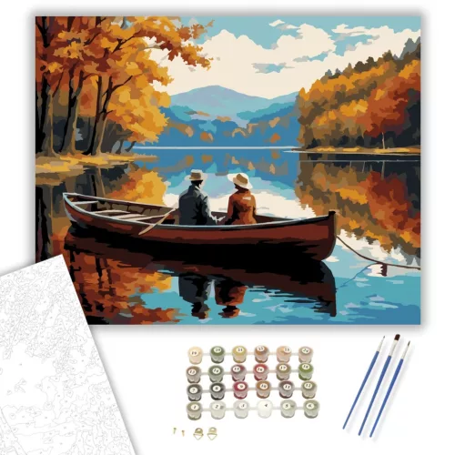 Szerelmespár Csónakázik Őszi Tóban - számfestő készlet - Számfestő.hu - 50×60cm - keretre feszítve