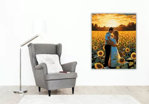 Szerelmespár Napraforgómezőben - számfestő készlet - Számfestő.hu - 80×100cm - keret nélkül
