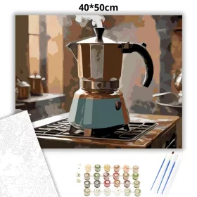 Gőzölgő Moka Kávéfőző Reggeli Fényben - számfestő készlet - Számfestő.hu - 40×50cm - Keret nélkül