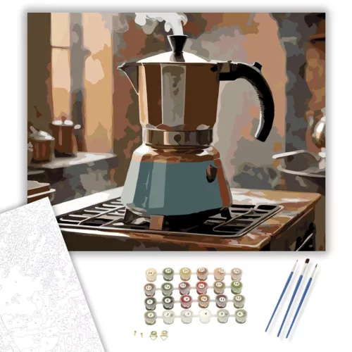 Gőzölgő Moka Kávéfőző Reggeli Fényben - számfestő készlet - Számfestő.hu - 40×50cm - keretre feszítve