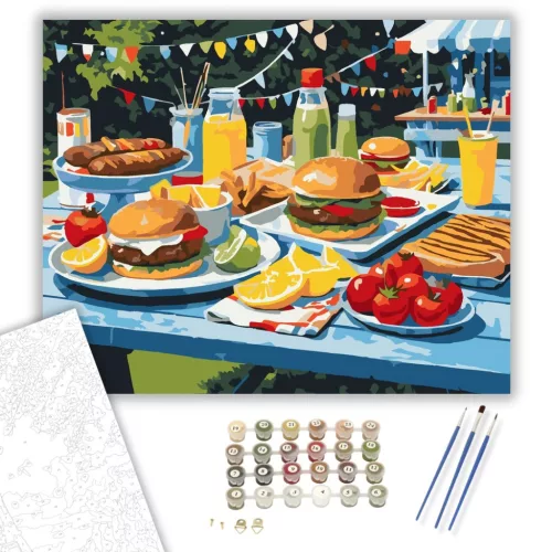 Nyári Grillparti Piknikasztalon - számfestő készlet - Számfestő.hu - 40×50cm - keretre feszítve