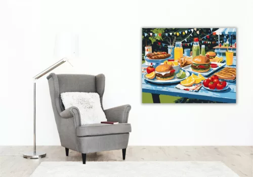 Nyári Grillparti Piknikasztalon - számfestő készlet - Számfestő.hu - 50×60cm - keretre feszítve