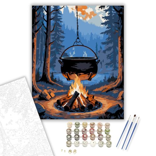 Erdei Bogrács Esti Tűzön - számfestő készlet - Számfestő.hu - 40×50cm - keretre feszítve