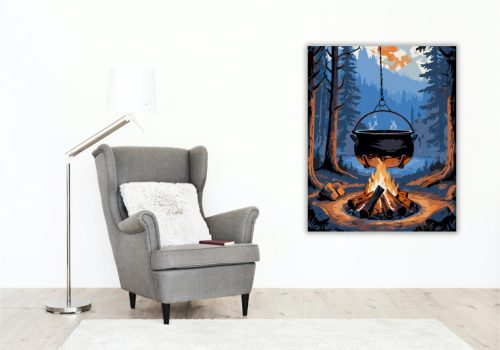 Erdei Bogrács Esti Tűzön - számfestő készlet - Számfestő.hu - 40×50cm - keretre feszítve