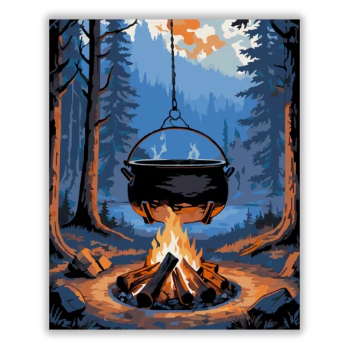 Erdei Bogrács Esti Tűzön - számfestő készlet - Számfestő.hu - 40×50cm - Keret nélkül