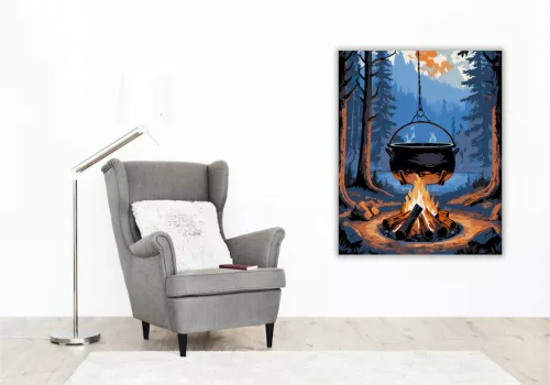 Erdei Bogrács Esti Tűzön - számfestő készlet - Számfestő.hu - 40×50cm - Keretre feszítve