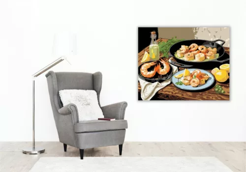 Fokhagymás Garnélarák Tálalása Rusztikus Asztalon - számfestő készlet - Számfestő.hu - 60×70cm - keretre feszítve