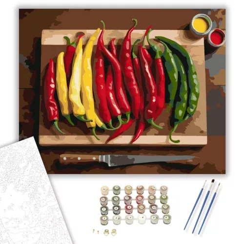 Színes Chili Paprikák Rusztikus Vágódeszkán - számfestő készlet - Számfestő.hu - 80×100cm - keret nélkül