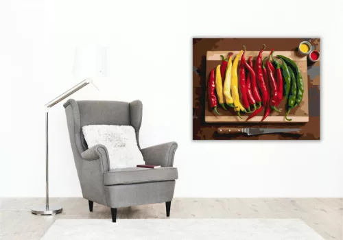 Színes Chili Paprikák Rusztikus Vágódeszkán - számfestő készlet - Számfestő.hu - 80×100cm - keretre feszítve