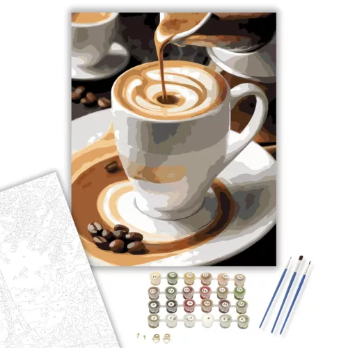 Gőzölgő Espresso Fehér Csészében - számfestő készlet - Számfestő.hu - 60×70cm - keret nélkül