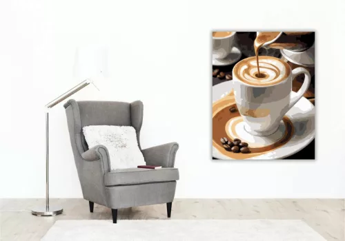 Gőzölgő Espresso Fehér Csészében - számfestő készlet - Számfestő.hu - 40×50cm - Keret nélkül