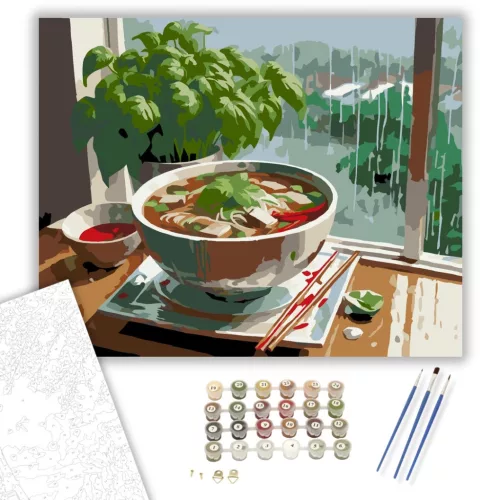 Pho Tésztaleves Esős Ablakpárkányon - számfestő készlet - Számfestő.hu - 60×70cm - keret nélkül
