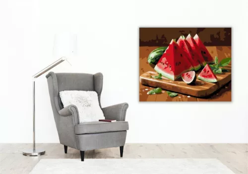 Dinnye Háromszögek Friss Kompozícióban - számfestő készlet - Számfestő.hu - 80×100cm - keretre feszítve
