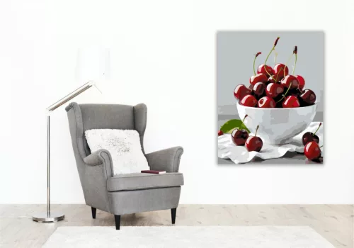 Cseresznyék Fehér Tálban - számfestő készlet - Számfestő.hu - 40×50cm - keret nélkül