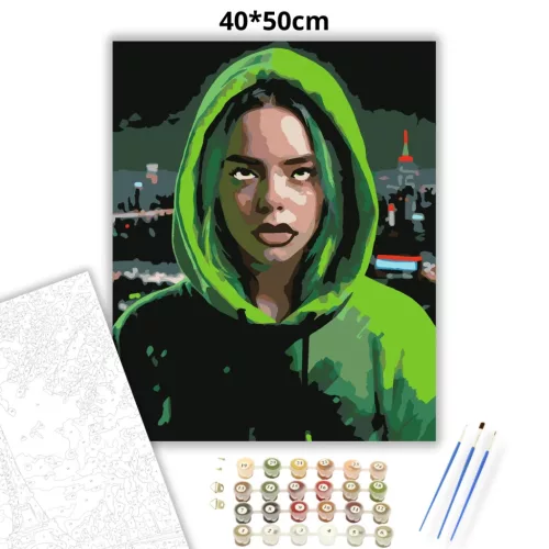 Billie Eilish Portré - számfestő készlet - Számfestő.hu - 40×50cm - Keret nélkül