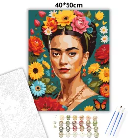 Frida Kahlo Virágokkal - számfestő készlet - Számfestő.hu - 40×50cm - Keret nélkül