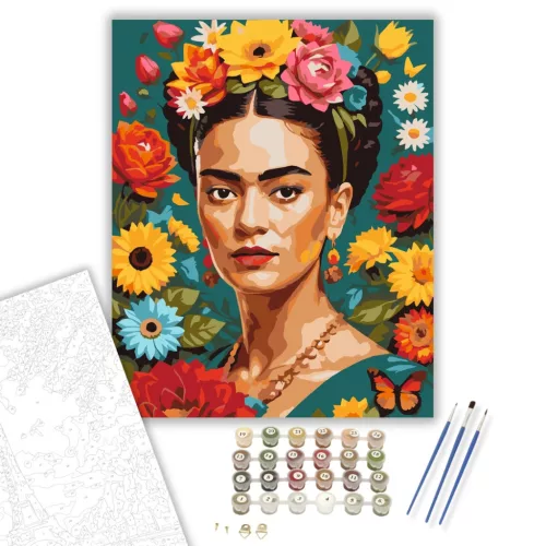 Frida Kahlo Virágokkal - számfestő készlet - Számfestő.hu - 50×60cm - keretre feszítve