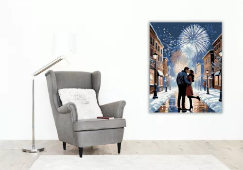 Szilveszteri Csók a Hóesésben - számfestő készlet - Számfestő.hu - 40×50cm - keretre feszítve