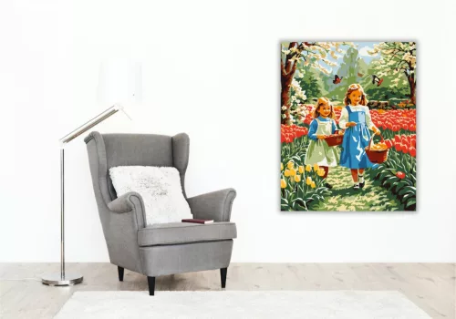 Húsvéti Kerti Jelenet Gyermekekkel - számfestő készlet - Számfestő.hu - 60×70cm - keret nélkül