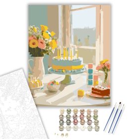 Születésnapi Asztal Virágokkal és Tortával - számfestő készlet - Számfestő.hu - 40×50cm - keret nélkül