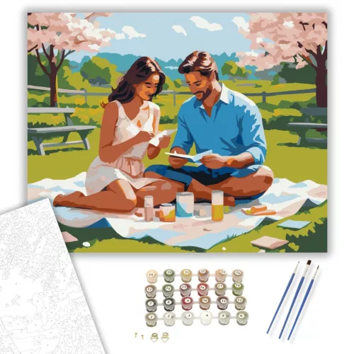 Valentin-napi Piknik Szerelmespárral - számfestő készlet - Számfestő.hu - 40×50cm - keretre feszítve
