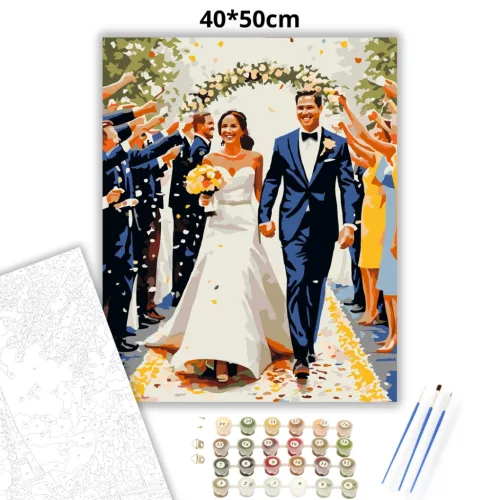 Esküvői Menet Virágszirmok Között - számfestő készlet - Számfestő.hu - 40×50cm - Keretre feszítve