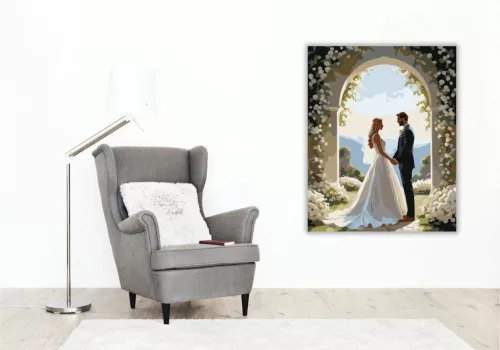 Esküvői Pár a Virágkapu Alatt - számfestő készlet - Számfestő.hu - 40×50cm - Keretre feszítve