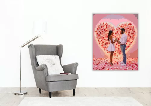 Valentin-napi Pár Szív Alakú Virágfal Előtt - számfestő készlet - Számfestő.hu - 50×60cm - keret nélkül