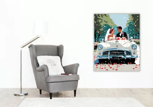 Frissen Házasodott Pár Vintage Autóban - számfestő készlet - Számfestő.hu - 40×50cm - keret nélkül