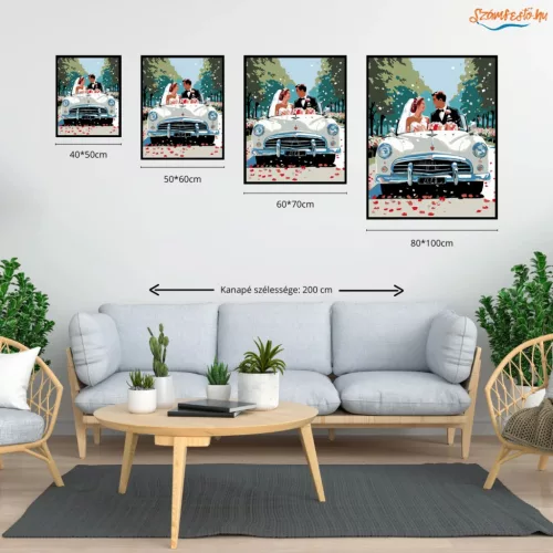 Frissen Házasodott Pár Vintage Autóban - számfestő készlet - Számfestő.hu - 40×50cm - Keretre feszítve