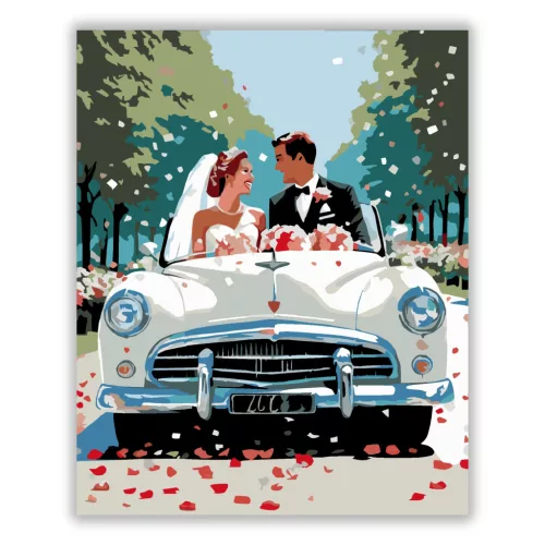 Frissen Házasodott Pár Vintage Autóban - számfestő készlet - Számfestő.hu - 40×50cm - Keret nélkül