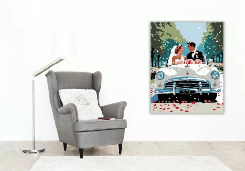 Frissen Házasodott Pár Vintage Autóban - számfestő készlet - Számfestő.hu - 40×50cm - Keret nélkül