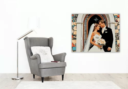 Esküvői Pár a Kápolna Előtt - számfestő készlet - Számfestő.hu - 50×60cm - keret nélkül