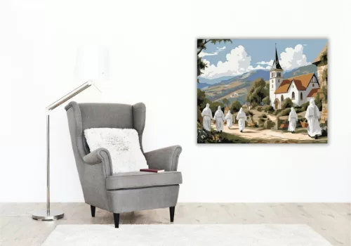 Húsvéti Falu Templom - számfestő készlet - Számfestő.hu - 60×70cm - keret nélkül