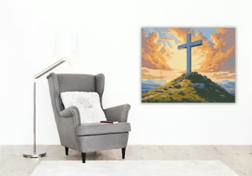 Húsvéti Napkelte Kereszttel - számfestő készlet - Számfestő.hu - 80×100cm - keretre feszítve