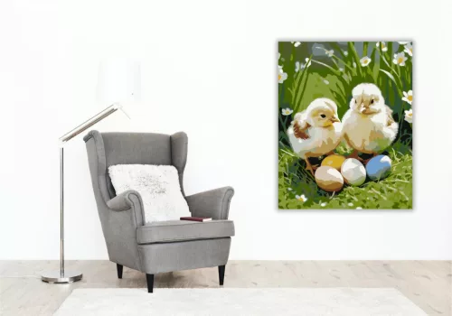 Kiscsibék Színes Tojásokkal - számfestő készlet - Számfestő.hu - 80×100cm - keretre feszítve