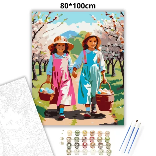Gyermekek Húsvéti Kosarakkal - számfestő készlet - Számfestő.hu - 80×100cm - Keretre feszítve
